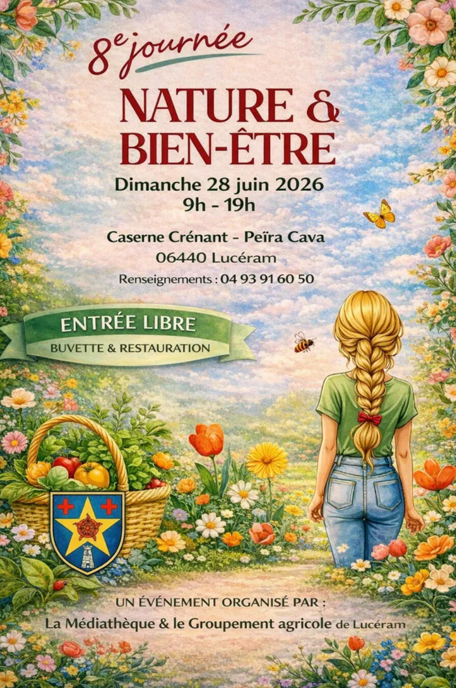 Salon Nature & Bien-être - Dimanche 28 Juin Affiche de la 8ème Journée Nature & Bien-être le dimanche 28 juin 2026 à Lucéram, avec entrée libre, buvette et restauration. Présence d'Aurélie Casano - Soul Shiner pour des lectures d'âme et séances énergétiques.